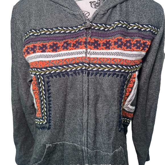 Lucky Lotus Embroidered Zip Hoodie Gray Southwest Boho Cotton Jacket Size Large - Picture 3 of 11